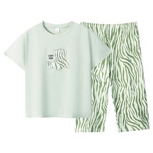 100% Cotton Women Capri Pajama Set 2 Pcs Short Sleeve Top Capris pants Sleepwear